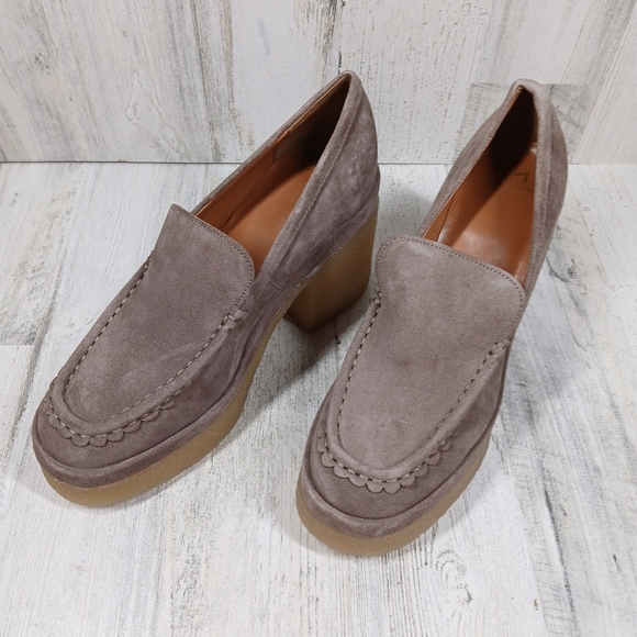New Marc Fisher Taupe Suede Platform Loafers with Chunky Block Heel #533 - Picture 3 of 13